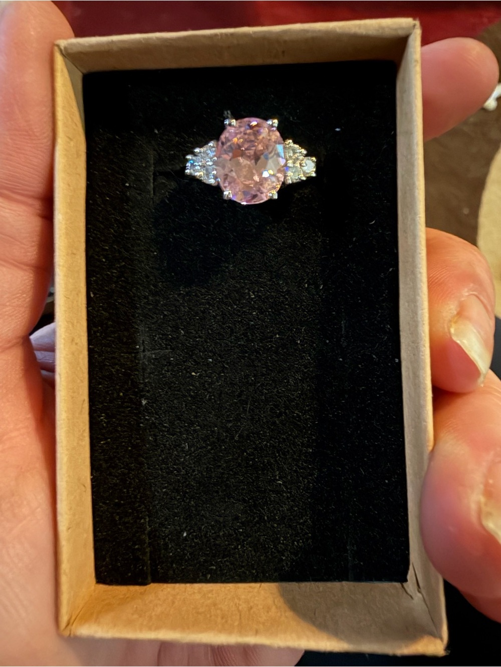 Sterling silver Pink Oval Center Ring with Side Stones - Women Jewelry